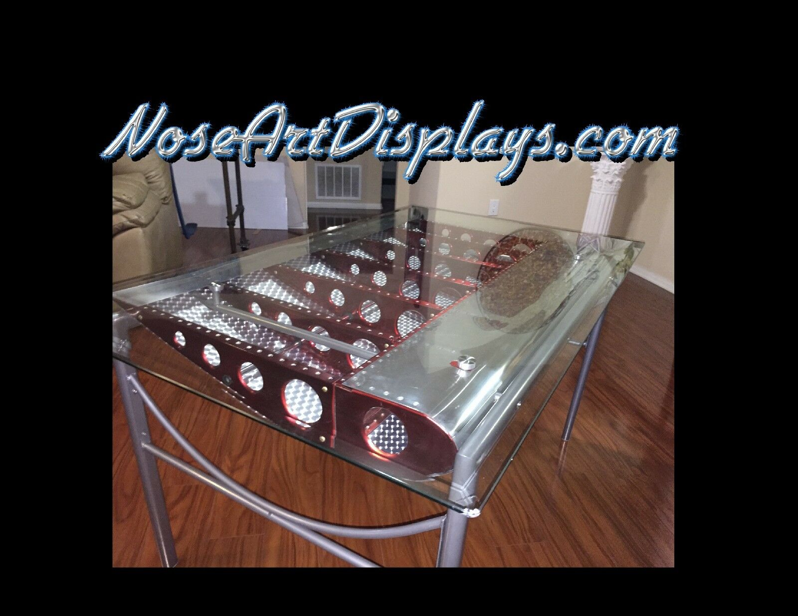 Aircraft Inspired Glass and Aluminum Wing Table Nose Art Displays